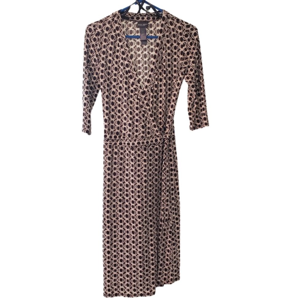 Bisou Bisou brown geometric pattern wrap front dress Rachel Friends sz 8